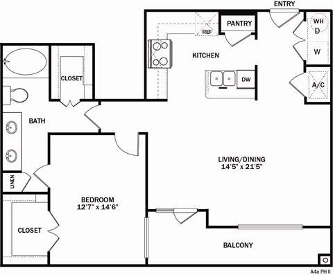 A floor plan of a home with a living room, dining room, kitchen, and bath.
